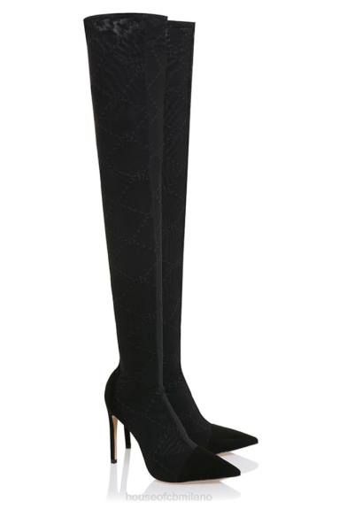 scarpe esso House of CB fuga stivali alla coscia con monogramma in rete nera X44T1088