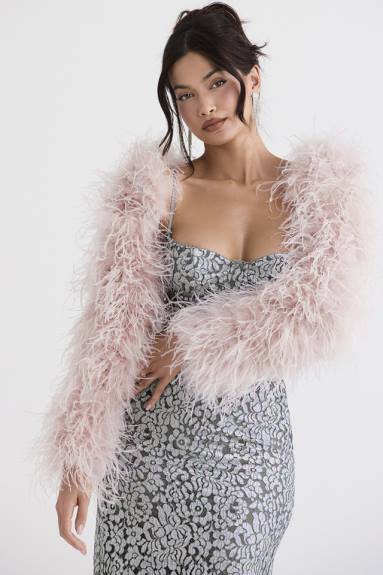 vestiario esso House of CB giacca con maniche in marabù rosa tenue cenere X44T1035