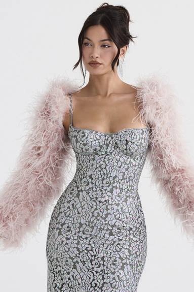 vestiario esso House of CB giacca con maniche in marabù rosa tenue cenere X44T1035