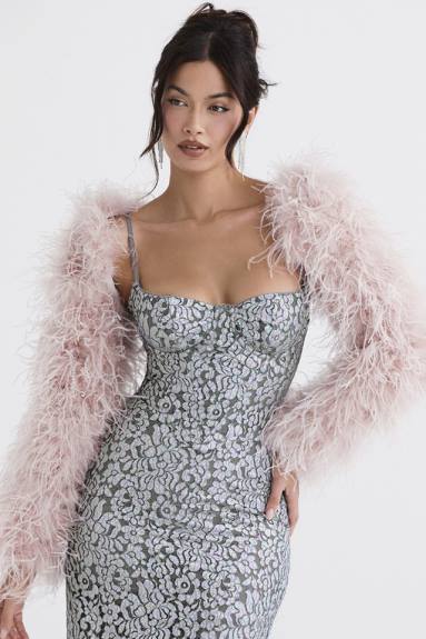 vestiario esso House of CB giacca con maniche in marabù rosa tenue cenere X44T1035