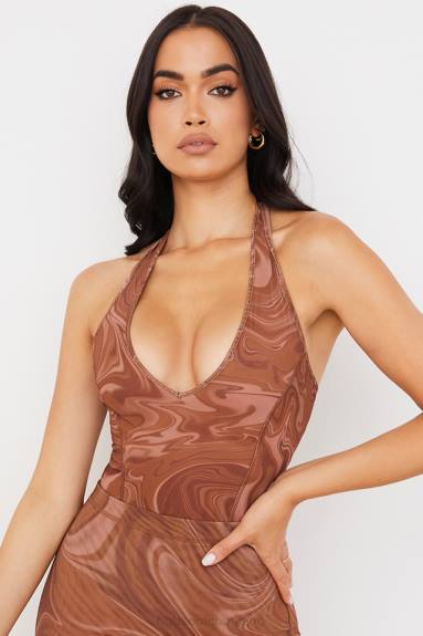 vestiario esso House of CB body sabine con stampa a spirale color cacao X44T752