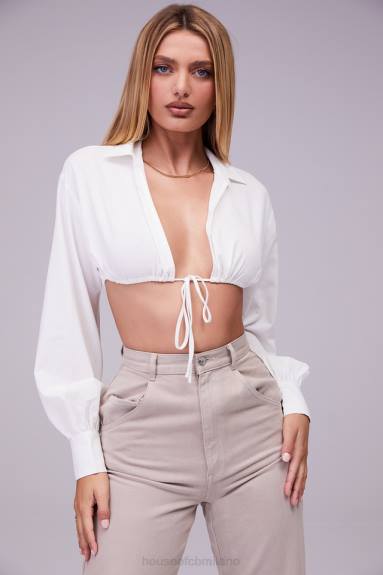 vestiario esso House of CB Mistress Rocks Wishlist camicia corta bianca con maniche a palloncino e bralette X44T739