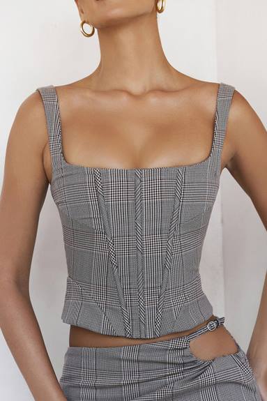 vestiario esso House of CB Mistress Rocks corsetto a scacchi monocromatico con collo quadrato X44T41