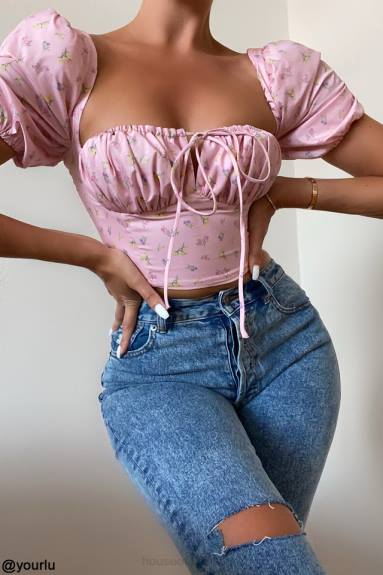 vestiario esso House of CB corsetto arianna rosa con maniche a sbuffo floreale X44T87