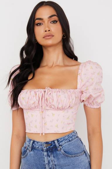 vestiario esso House of CB corsetto arianna rosa con maniche a sbuffo floreale X44T87