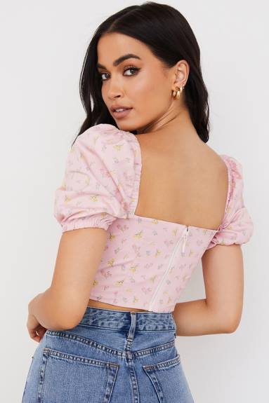 vestiario esso House of CB corsetto arianna rosa con maniche a sbuffo floreale X44T87