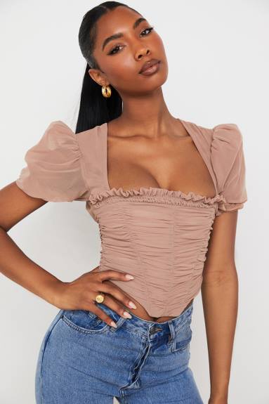 vestiario esso House of CB corsetto arricciato con maniche a sbuffo in rete nora marrone chiaro X44T90