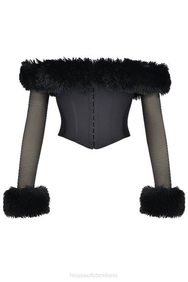 vestiario esso House of CB corsetto con finiture in pelliccia sintetica nera merle X44T2
