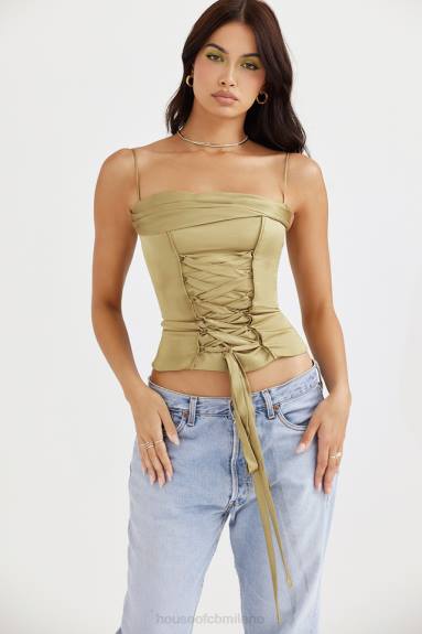 vestiario esso House of CB corsetto con lacci in raso verde oliva Letitia X44T58