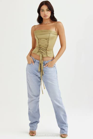 vestiario esso House of CB corsetto con lacci in raso verde oliva Letitia X44T58