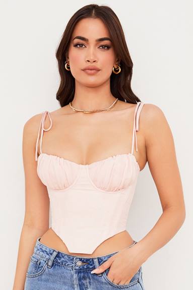 vestiario esso House of CB corsetto corto con busto raccolto in chiffon rosa baby in salice X44T81
