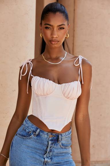 vestiario esso House of CB corsetto corto con busto raccolto in chiffon rosa baby in salice X44T81