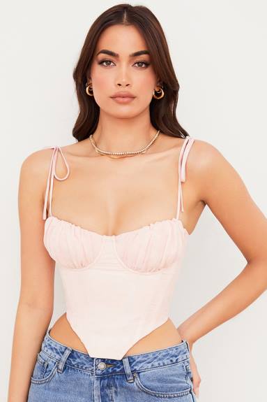 vestiario esso House of CB corsetto corto con busto raccolto in chiffon rosa baby in salice X44T81