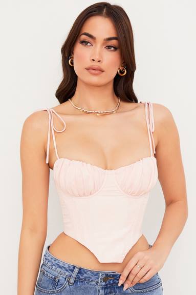 vestiario esso House of CB corsetto corto con busto raccolto in chiffon rosa baby in salice X44T81