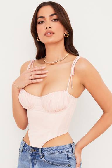 vestiario esso House of CB corsetto corto con busto raccolto in chiffon rosa baby in salice X44T81