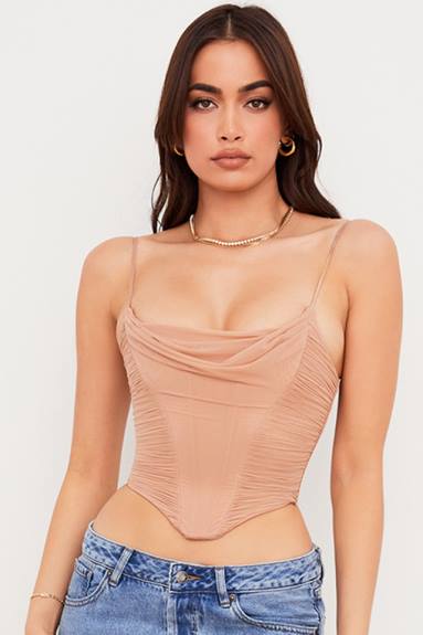 vestiario esso House of CB corsetto drappeggiato in rete beige Lottie X44T80