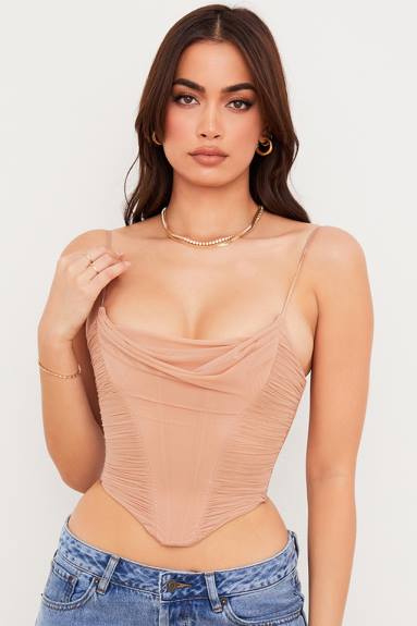vestiario esso House of CB corsetto drappeggiato in rete beige Lottie X44T80