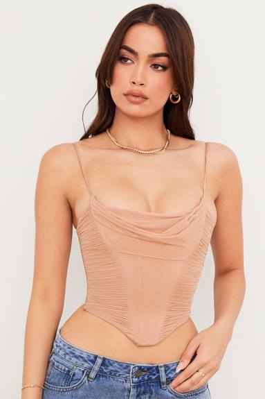 vestiario esso House of CB corsetto drappeggiato in rete beige Lottie X44T80