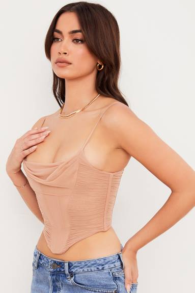vestiario esso House of CB corsetto drappeggiato in rete beige Lottie X44T80
