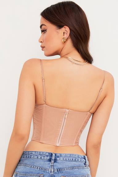 vestiario esso House of CB corsetto drappeggiato in rete beige Lottie X44T80