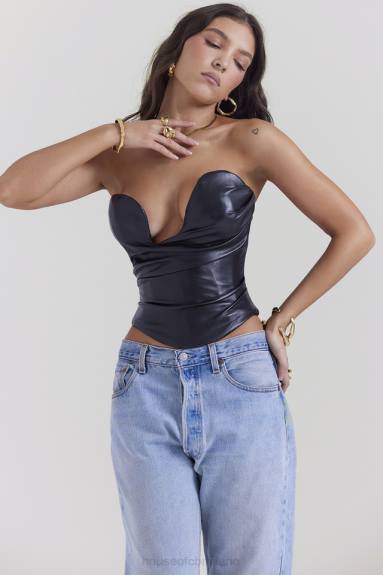 vestiario esso House of CB corsetto in pelle vegana con scollo profondo nero saffira X44T4