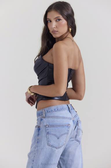 vestiario esso House of CB corsetto in pelle vegana con scollo profondo nero saffira X44T4