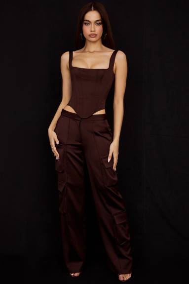 vestiario esso House of CB corsetto lungo in raso color cioccolato rafa X44T61