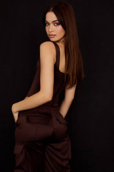 vestiario esso House of CB corsetto lungo in raso color cioccolato rafa X44T61