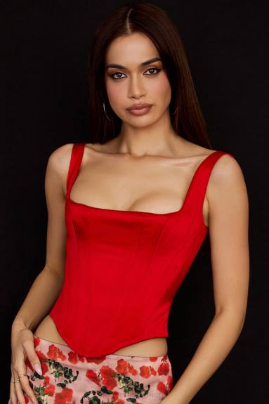 vestiario esso House of CB corsetto lungo in raso scarlatto Rafa X44T62