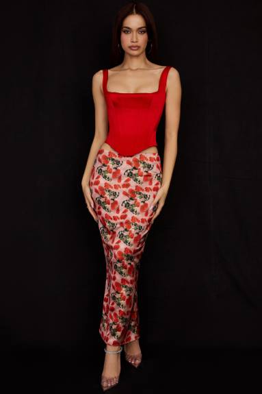vestiario esso House of CB corsetto lungo in raso scarlatto Rafa X44T62