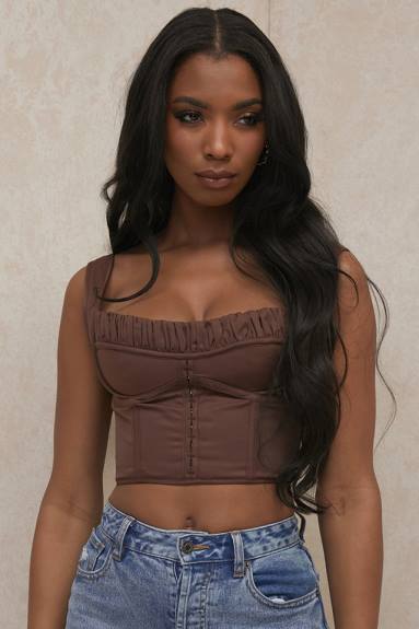 vestiario esso House of CB parte superiore del corsetto con arricciature color cioccolato di Persefone X44T91