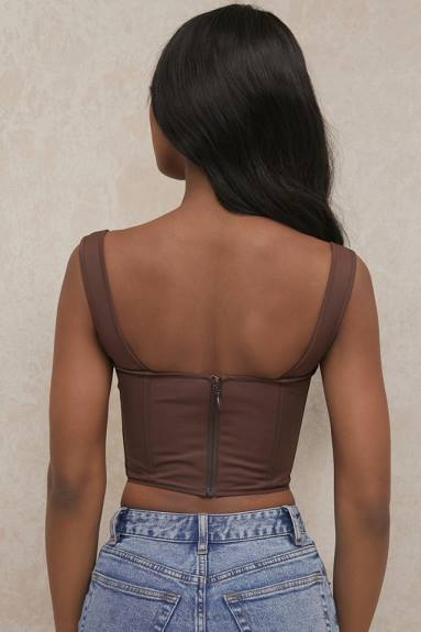 vestiario esso House of CB parte superiore del corsetto con arricciature color cioccolato di Persefone X44T91