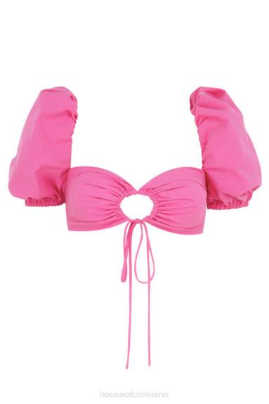 vestiario esso House of CB top a corsetto con maniche a sbuffo in lino rosa lisette X44T103