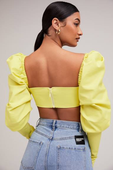 vestiario esso House of CB Mistress Rocks Tough Love Top corto con maniche a sbuffo color limone X44T754