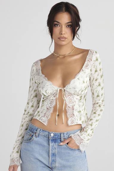 vestiario esso House of CB Top Clarissa con finiture in pizzo e stampa Garden X44T717