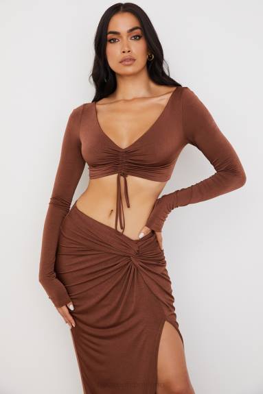 vestiario esso House of CB Top corto con arricciature color cioccolato Angelita X44T749