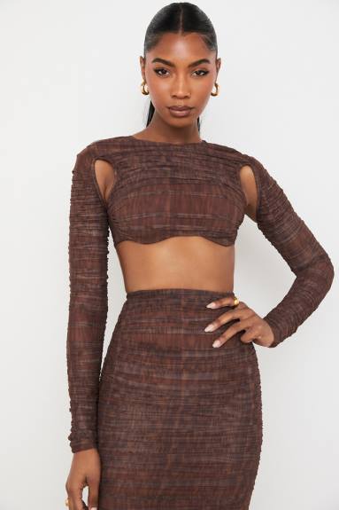 vestiario esso House of CB Top corto con ritaglio in rete con stampa cioccolato blythe X44T755