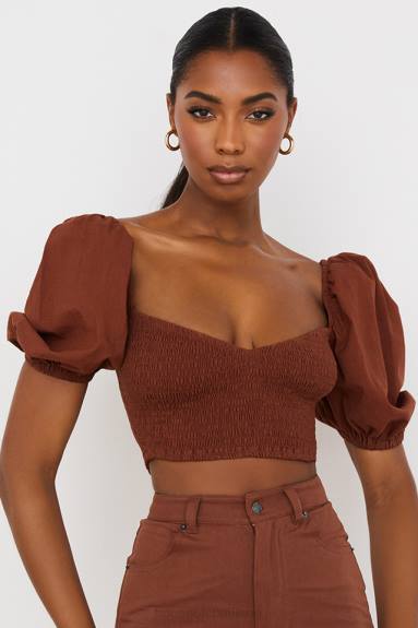 vestiario esso House of CB Top corto lavanna con maniche a sbuffo color cacao X44T748