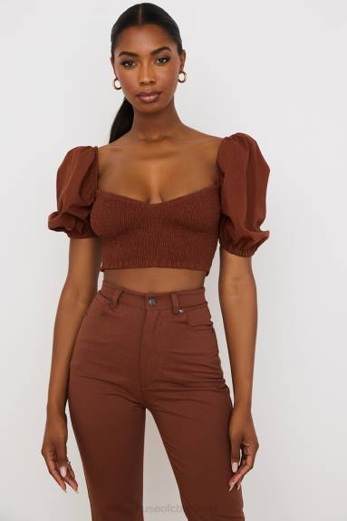 vestiario esso House of CB Top corto lavanna con maniche a sbuffo color cacao X44T748