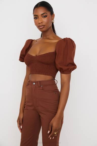 vestiario esso House of CB Top corto lavanna con maniche a sbuffo color cacao X44T748