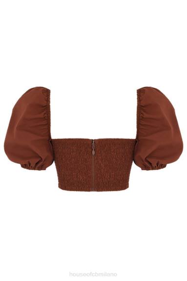 vestiario esso House of CB Top corto lavanna con maniche a sbuffo color cacao X44T748