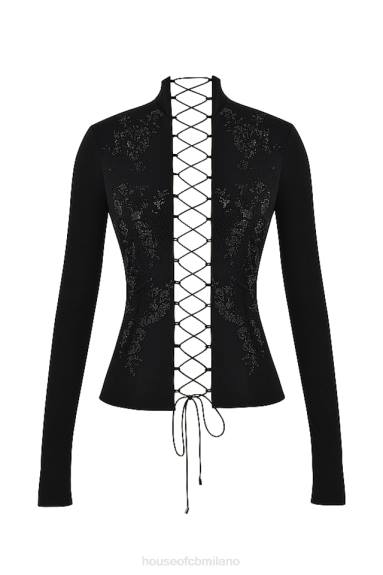 vestiario esso House of CB lori top stringato nero cristallizzato X44T701