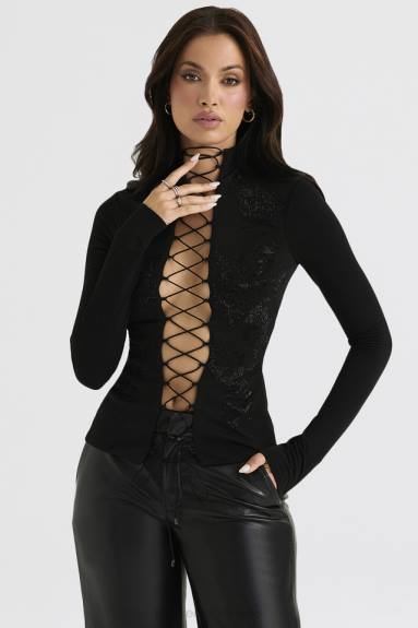vestiario esso House of CB lori top stringato nero cristallizzato X44T701