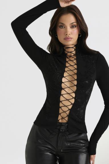 vestiario esso House of CB lori top stringato nero cristallizzato X44T701