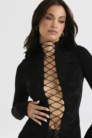 vestiario esso House of CB lori top stringato nero cristallizzato X44T701