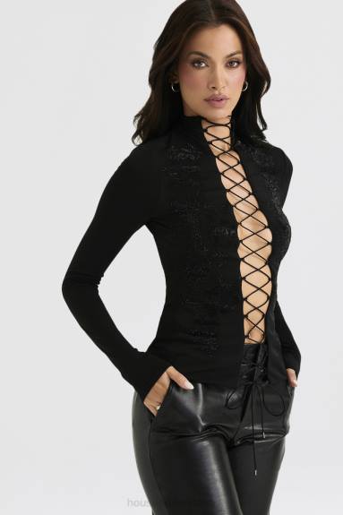 vestiario esso House of CB lori top stringato nero cristallizzato X44T701