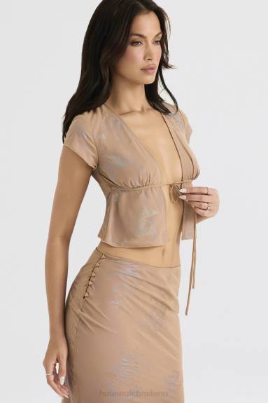vestiario esso House of CB maia shimmer café au lait con cravatta sul davanti X44T700