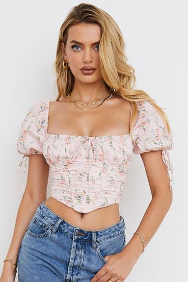 vestiario esso House of CB top corsetto con maniche a sbuffo floreale rosa gracie X44T743