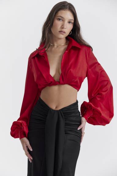 vestiario esso House of CB top in blouson laraine in seta color ciliegia X44T673