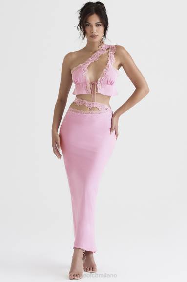 vestiario esso House of CB Gonna lunga Mathilda con finiture in pizzo rosa X44T909